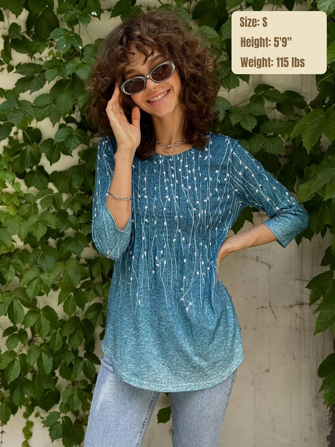 Zeagoo 3/4 Length Sleeve Womens Tops Crew Neck Loose Fit Shirts Pleated Cute Clothes Dressy Casual 2025 Summer Tunics