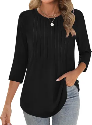 Zeagoo 3/4 Length Sleeve Womens Tops Crew Neck Loose Fit Shirts Pleated Cute Clothes Dressy Casual 2025 Summer Tunics