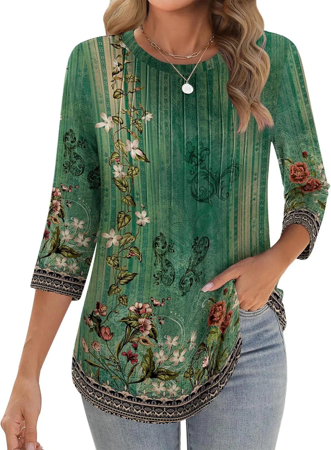 Zeagoo 3/4 Length Sleeve Womens Tops Crew Neck Loose Fit Shirts Pleated Cute Clothes Dressy Casual 2025 Summer Tunics