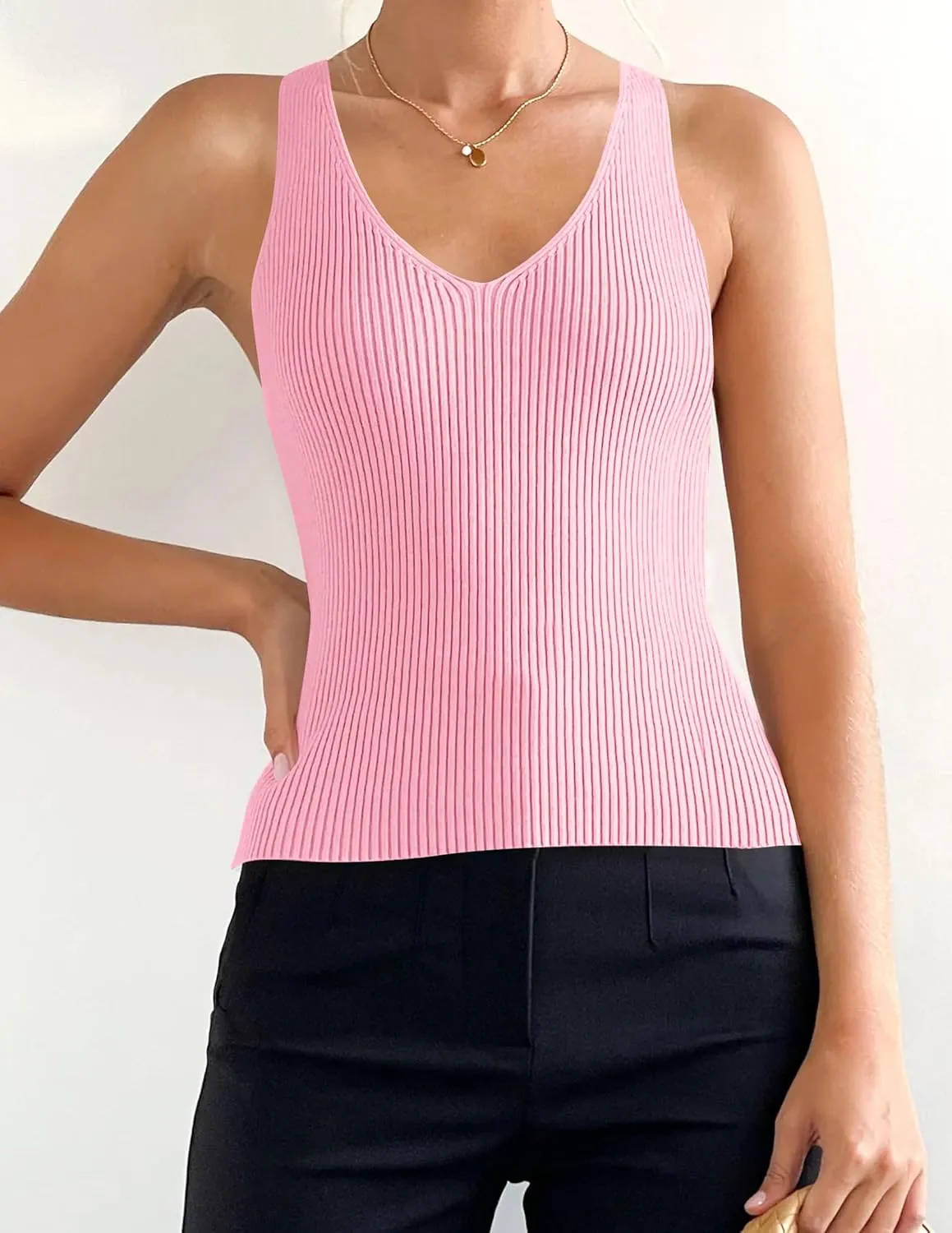 ZESICA Womens Ribbed Tank Tops Summer Sleeveless V Neck Shirts Casual Sexy Slim Fitted Basic Knit Tees