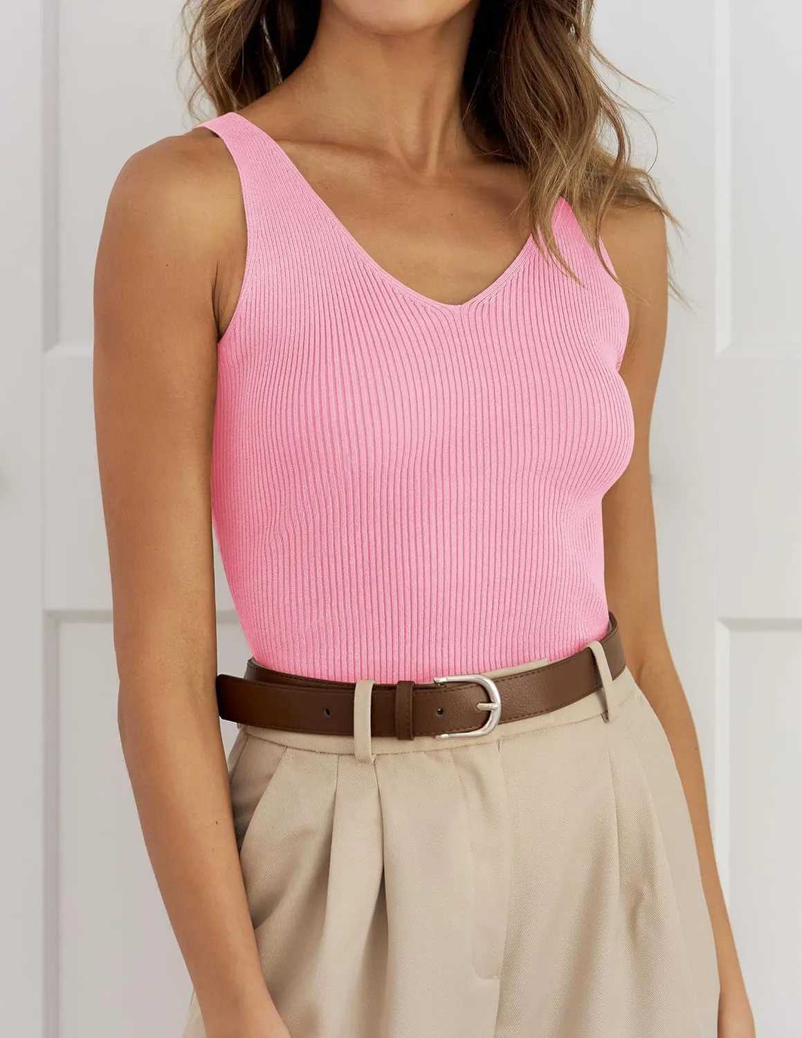ZESICA Womens Ribbed Tank Tops Summer Sleeveless V Neck Shirts Casual Sexy Slim Fitted Basic Knit Tees