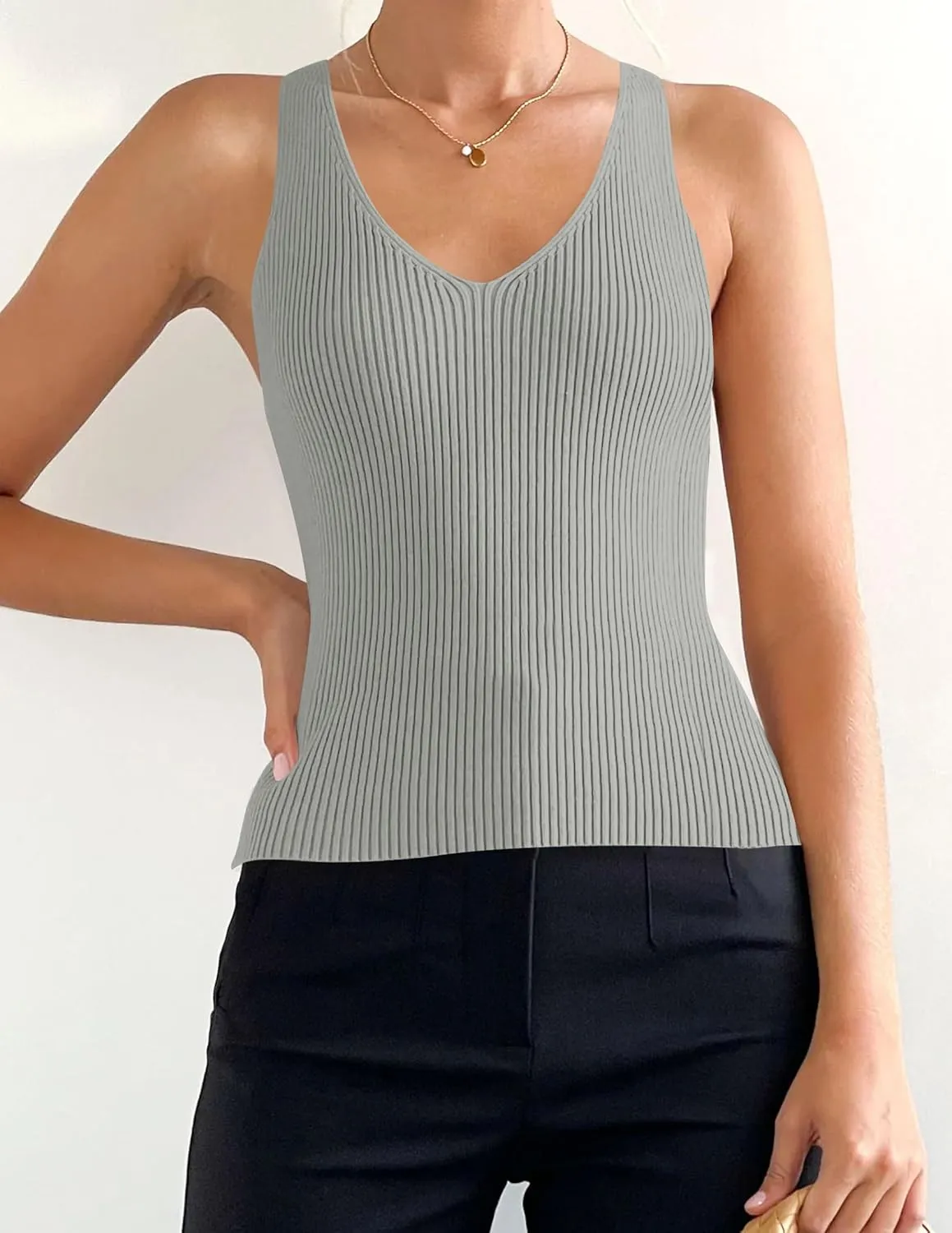 ZESICA Womens Ribbed Tank Tops Summer Sleeveless V Neck Shirts Casual Sexy Slim Fitted Basic Knit Tees