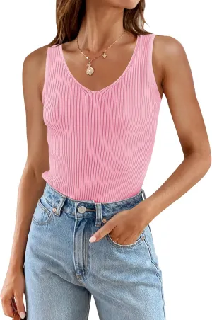 ZESICA Womens Ribbed Tank Tops Summer Sleeveless V Neck Shirts Casual Sexy Slim Fitted Basic Knit Tees
