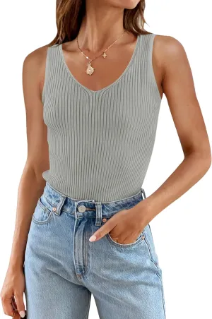 ZESICA Womens Ribbed Tank Tops Summer Sleeveless V Neck Shirts Casual Sexy Slim Fitted Basic Knit Tees