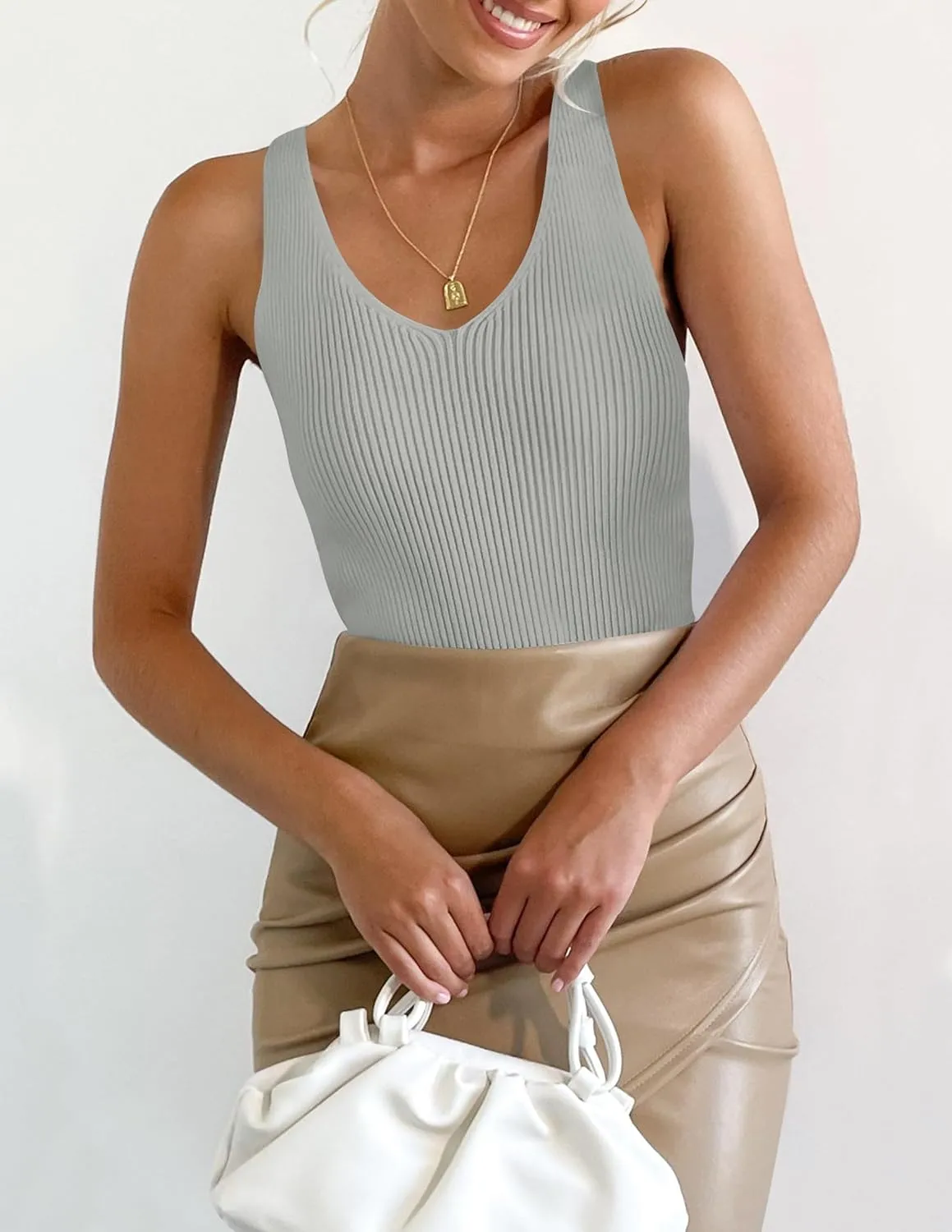 ZESICA Womens Ribbed Tank Tops Summer Sleeveless V Neck Shirts Casual Sexy Slim Fitted Basic Knit Tees