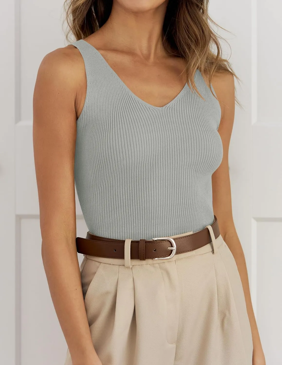 ZESICA Womens Ribbed Tank Tops Summer Sleeveless V Neck Shirts Casual Sexy Slim Fitted Basic Knit Tees